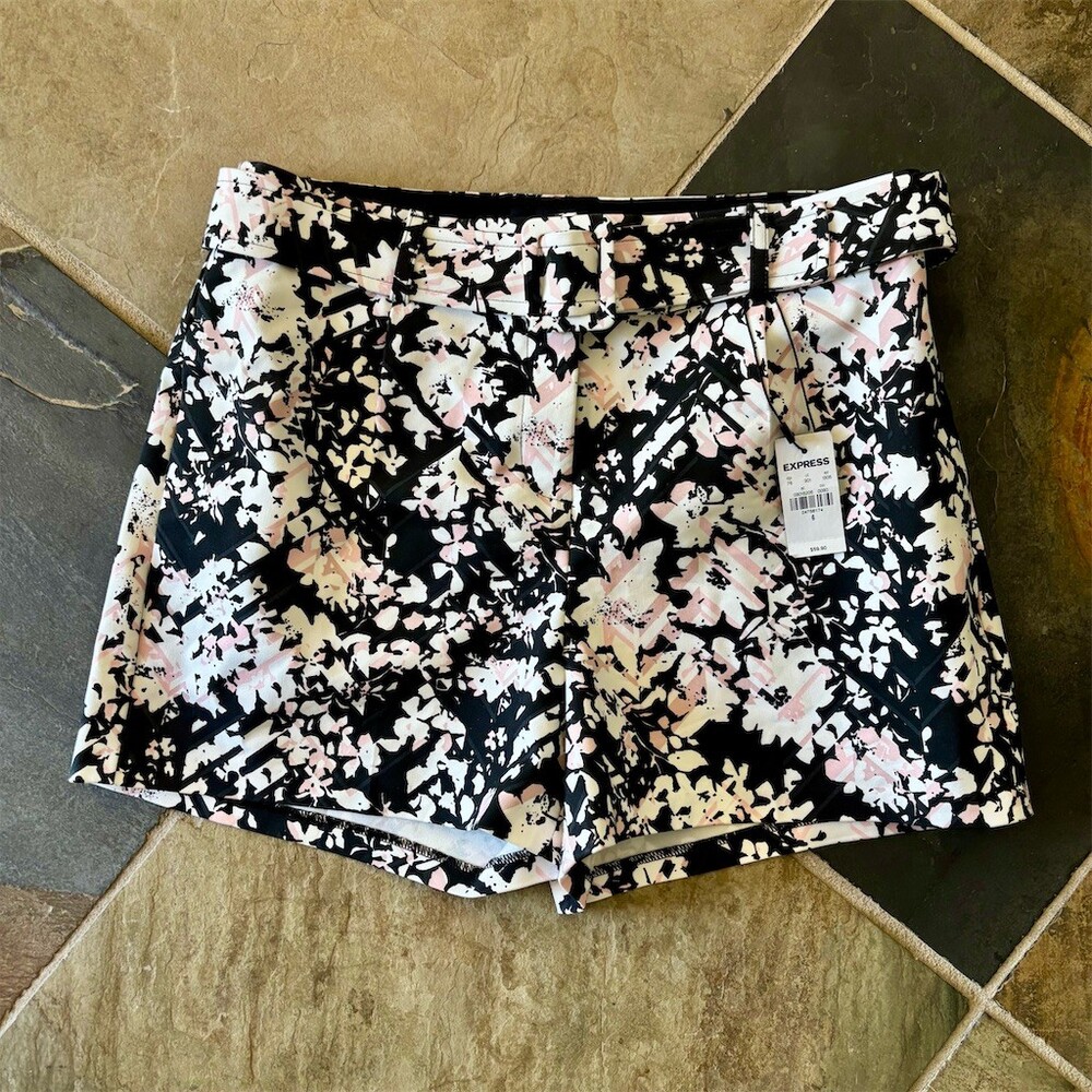 Express High Rise Paperbag Floral Belted Shorts Womens Size 6 Black Pink